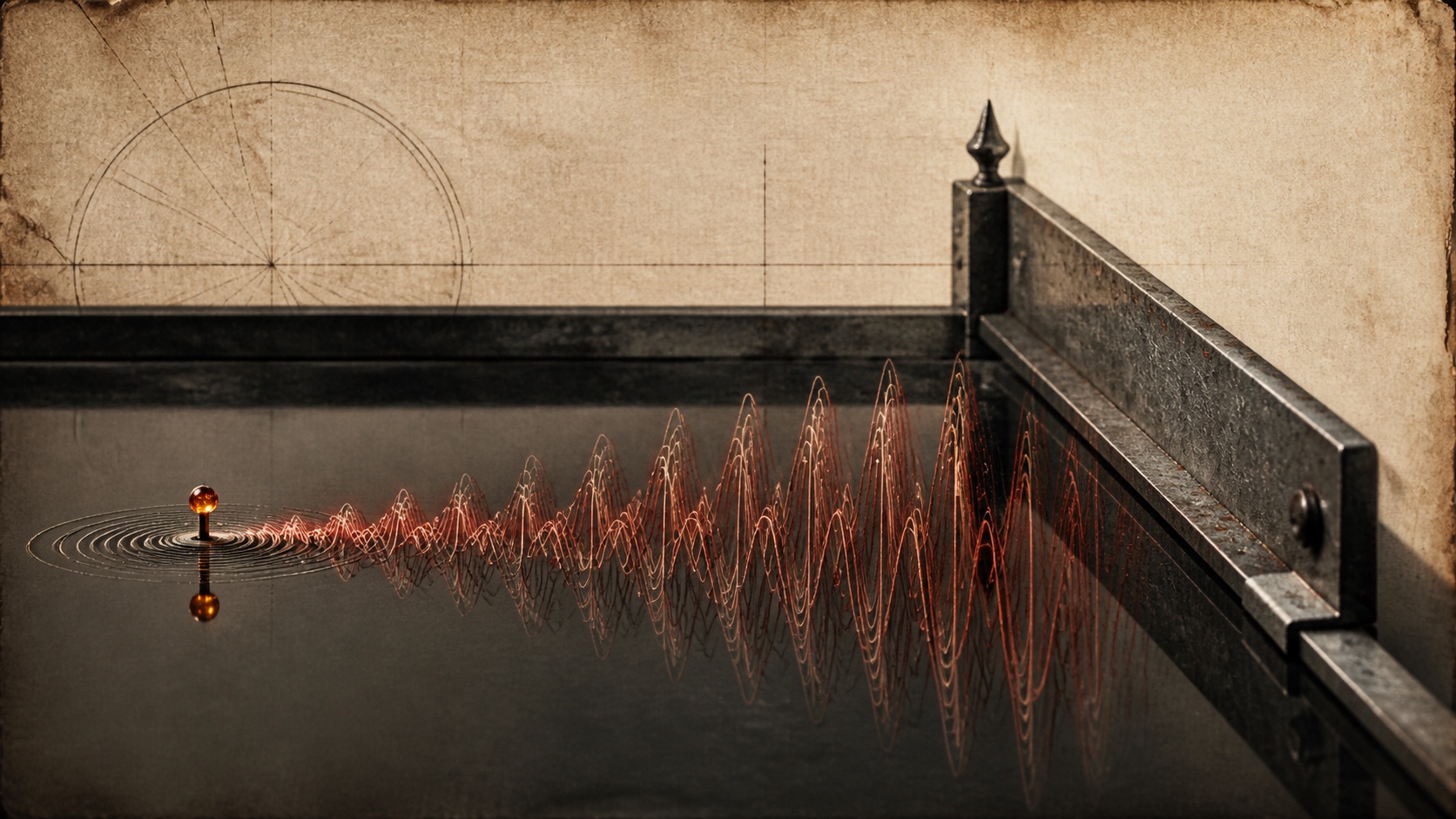 Signals multiply across an empty reflective work surface while one sober external boundary holds the echo in check.