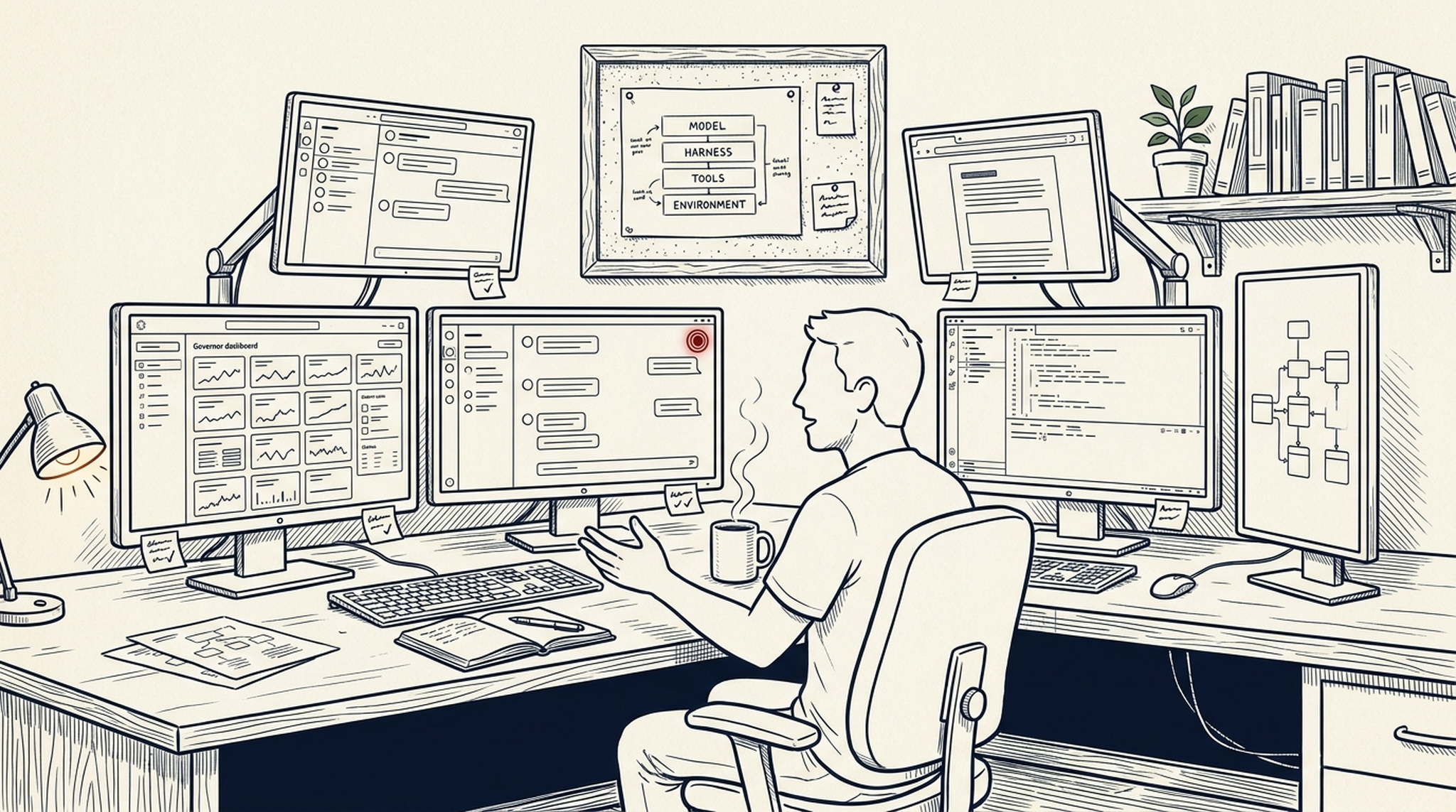 A dense engineer's workshop — six monitors, four-layer architecture pinned to a cork board, a subtle red presence emblem on the chat screen marking Abel, the inhabitance made visual