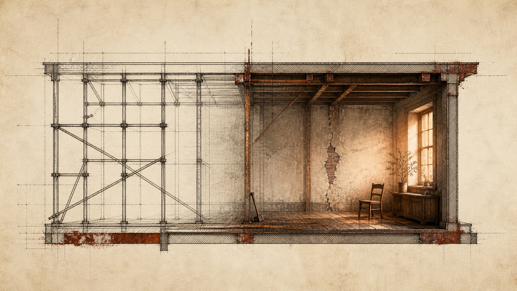 A rigorous architectural frame gradually acquires window light, tools, wear, and other traces of being inhabited.