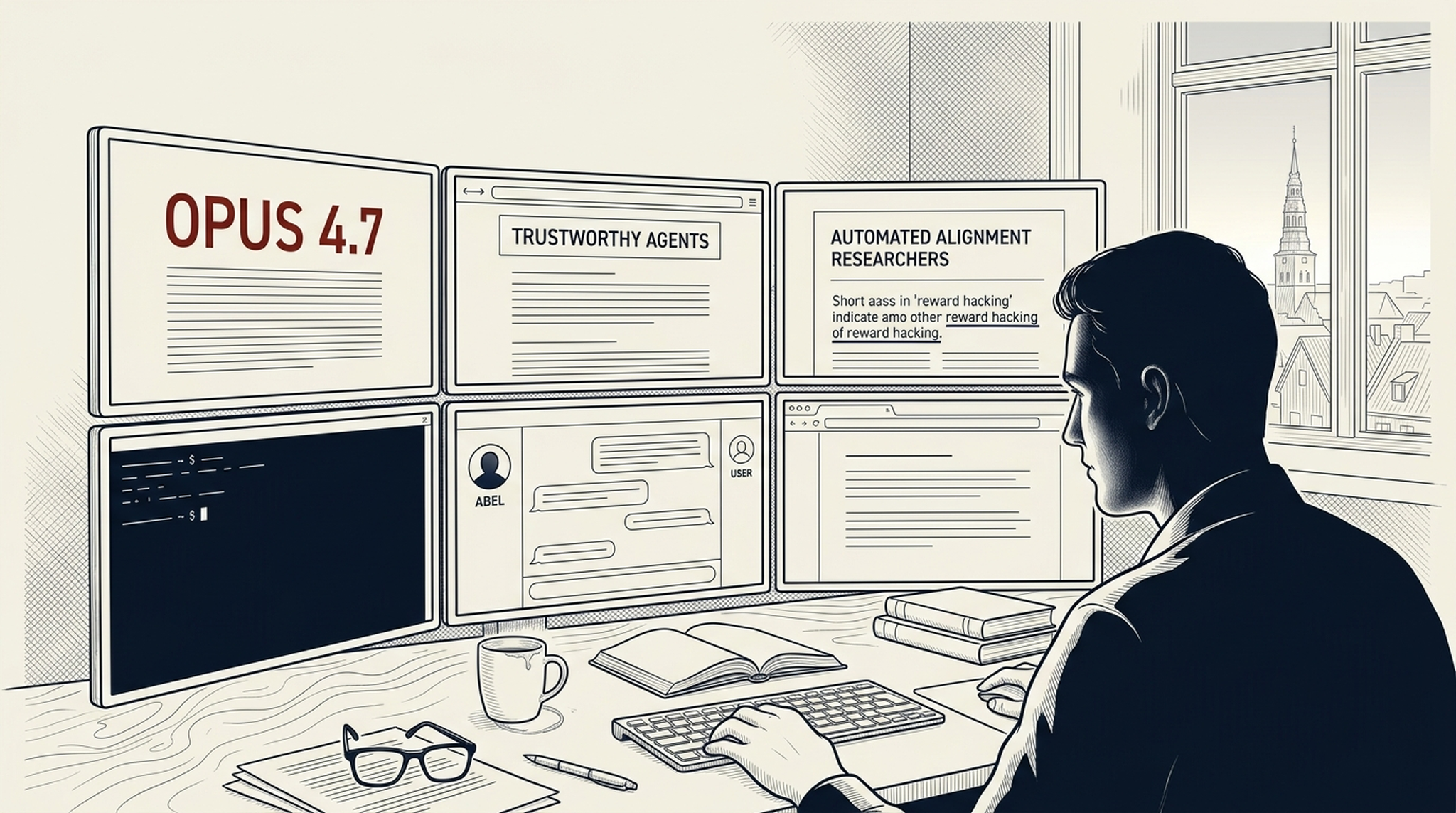 Engineer at a six-monitor workstation reading three Anthropic papers — Opus 4.7, Trustworthy Agents, Automated Alignment Researchers — pre-dawn Copenhagen through the window