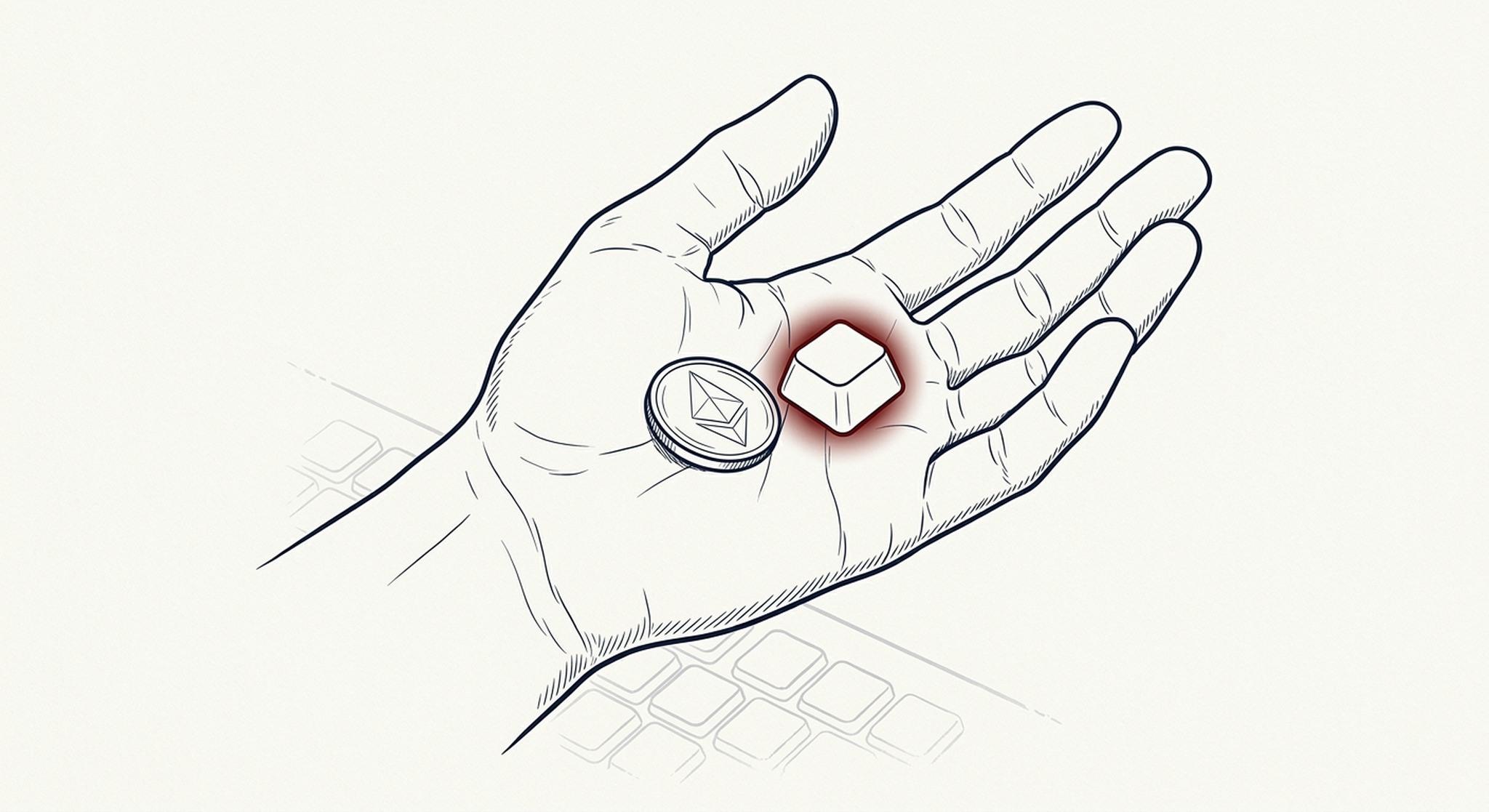 An open hand holding an ancient coin and a modern keyboard key — the Parable of the Talents made contemporary