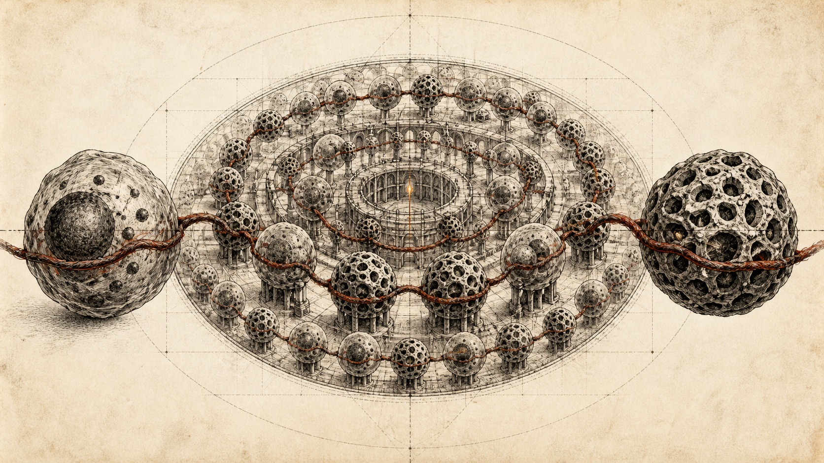 Paired cell-like forms repeat into an organization, joined by one continuous rust-red memory thread and a shared genome pattern.