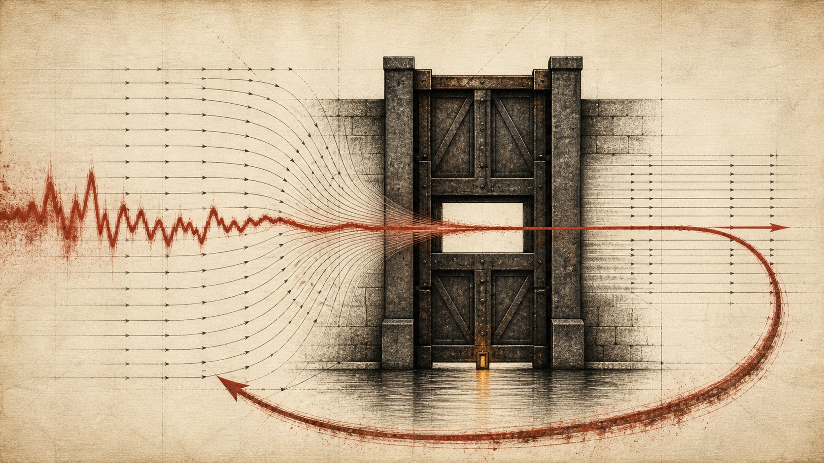 Ordered vector paths meet a hard gate while one irregular human pulse bends the field into a feedback loop.
