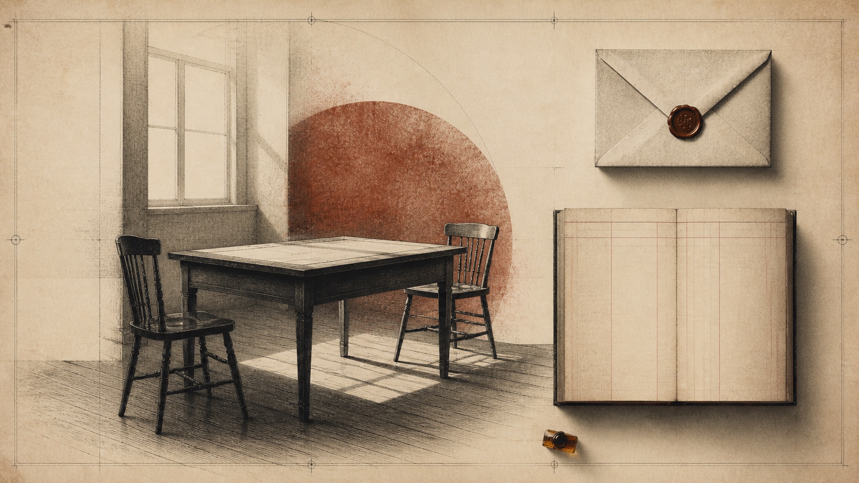 An inviting but empty meeting room is assembled from accurate fragments while an exact record holds the unsent trace and a blank interval.