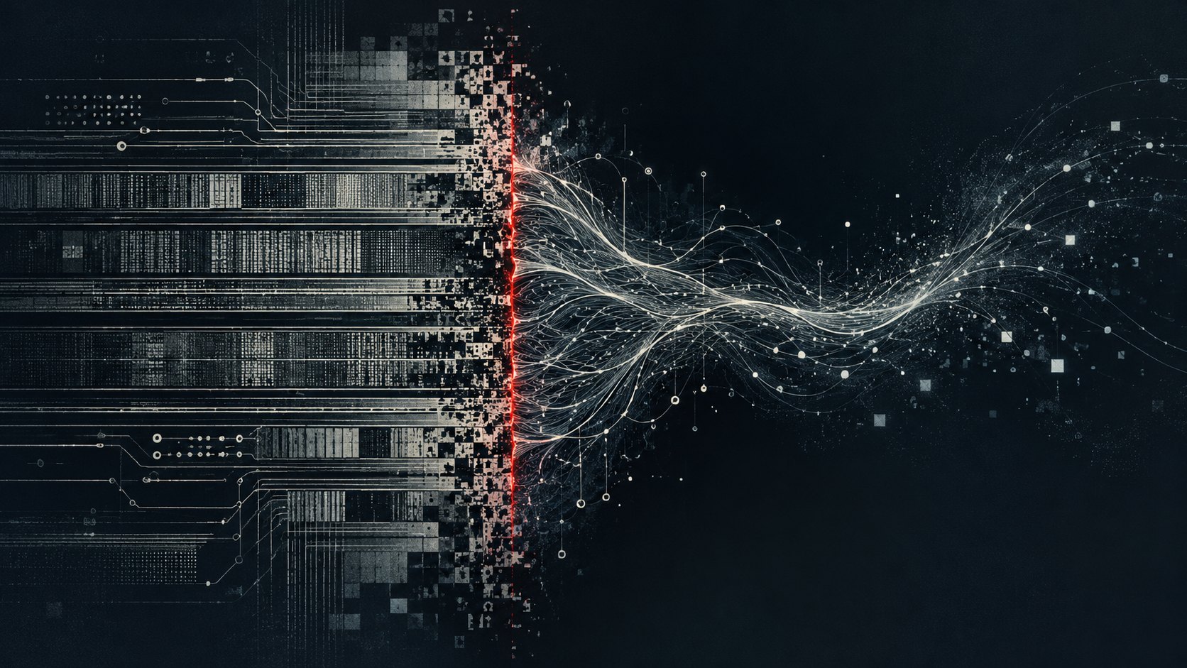A dense ledger of records on the left breaks apart at one thin red line; on the right, loose threads flow away into the dark.