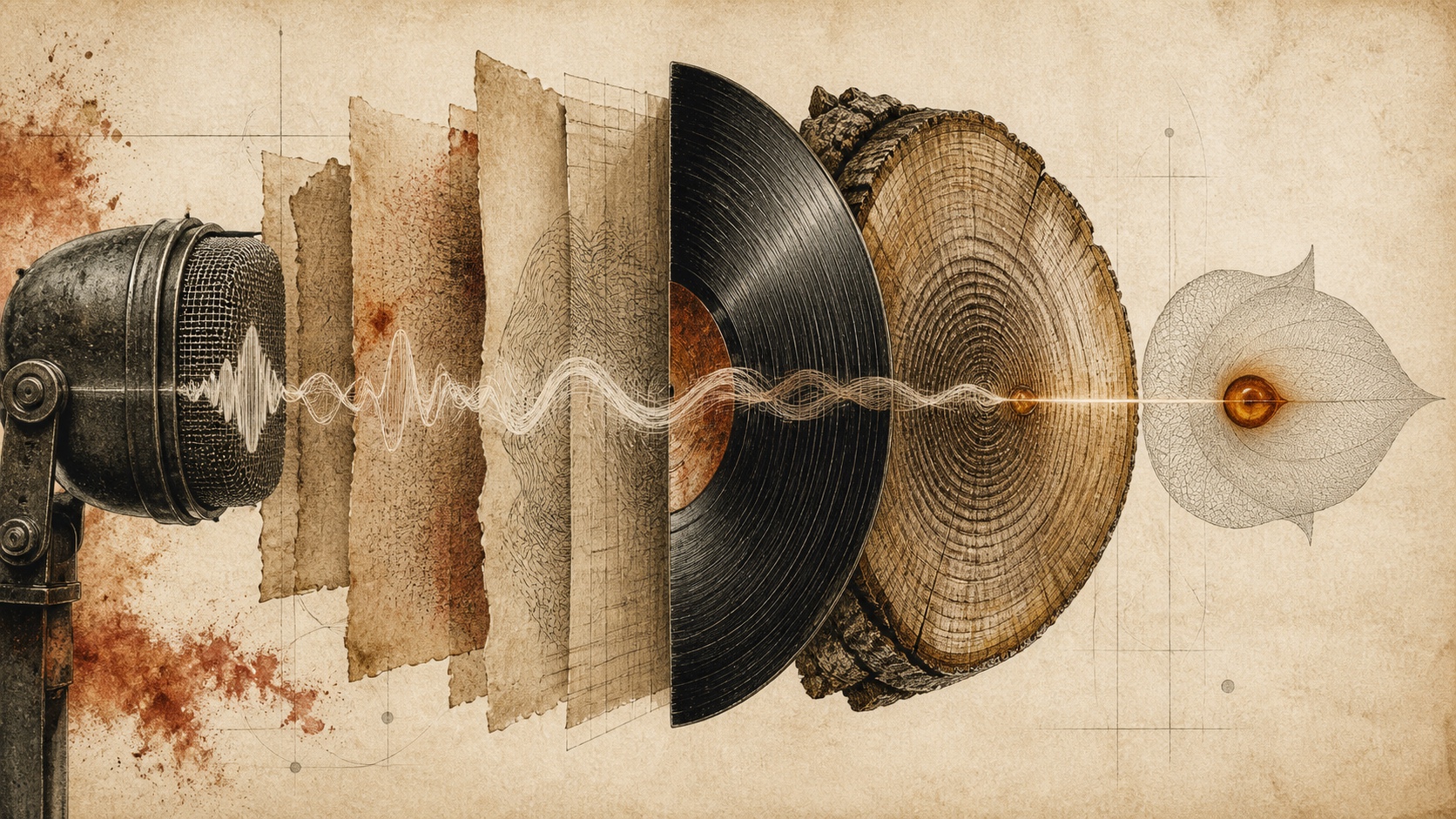 A spoken contour travels through archive paper and tree-ring memory toward a future receiving form.