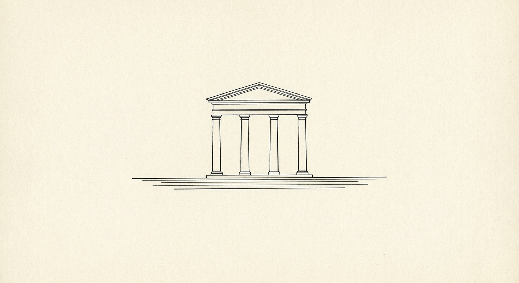 Line-art of a classical portico in flat elevation — four columns and a pediment. Structure that holds.