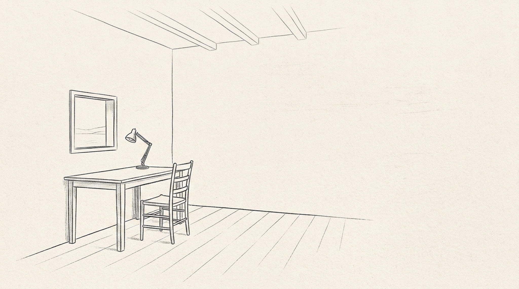 Line-art of an empty study — desk, chair, lamp, and picture frame. A place where thinking happens.