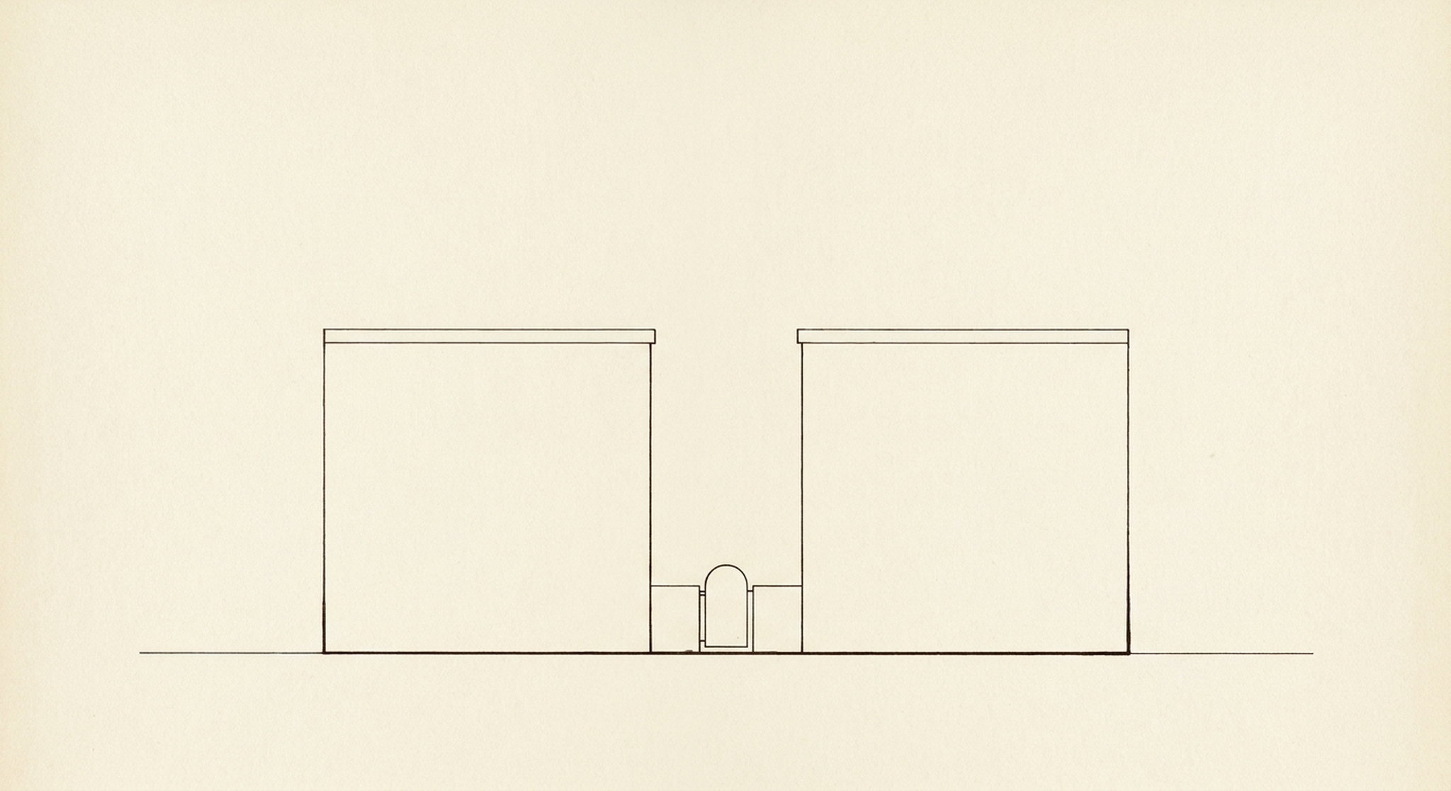 Line-art of two parallel walls with a small arched gate between them, in flat elevation. Held, within a boundary.