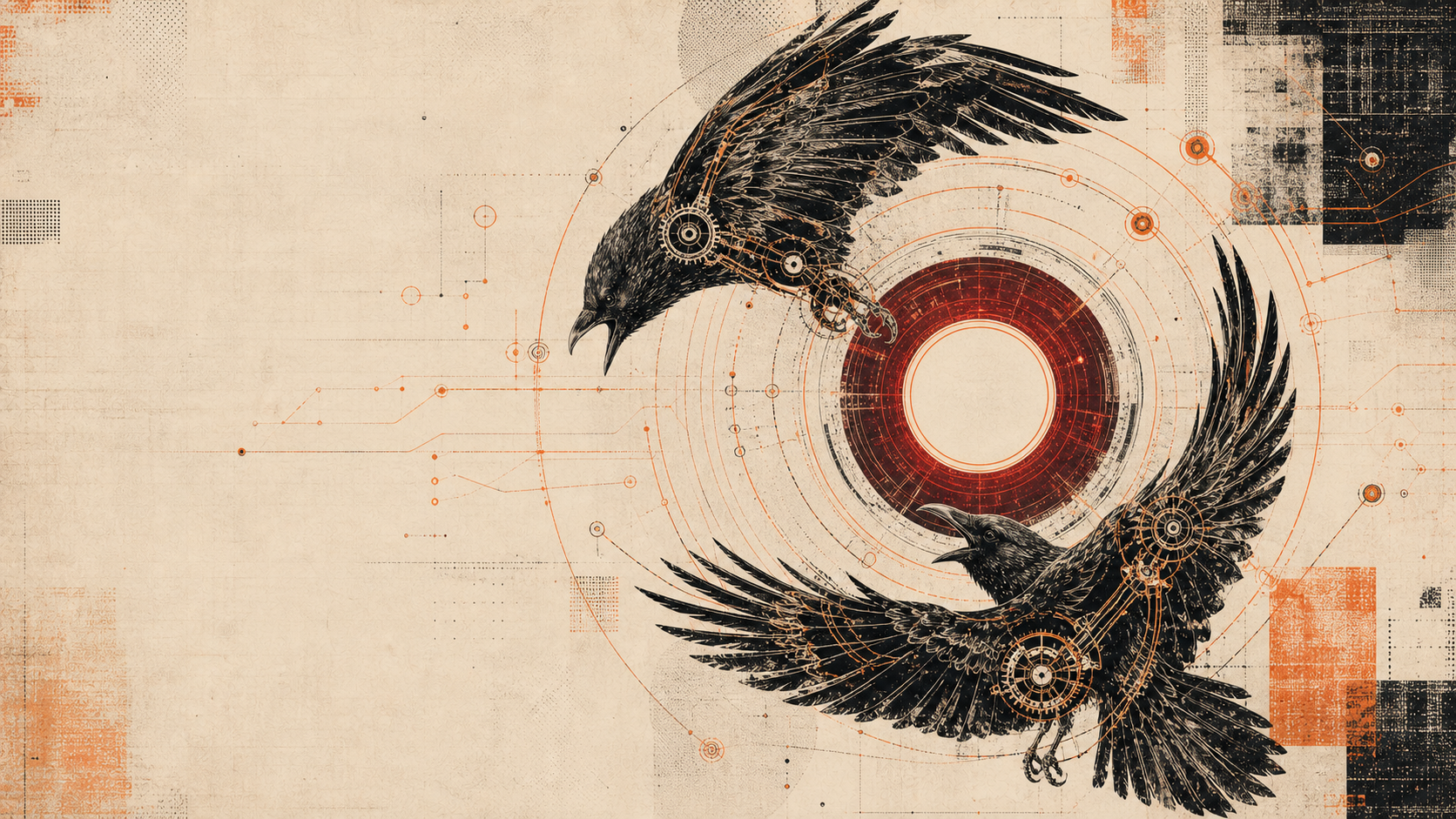 Two engraved ravens facing one another across a luminous mechanical core