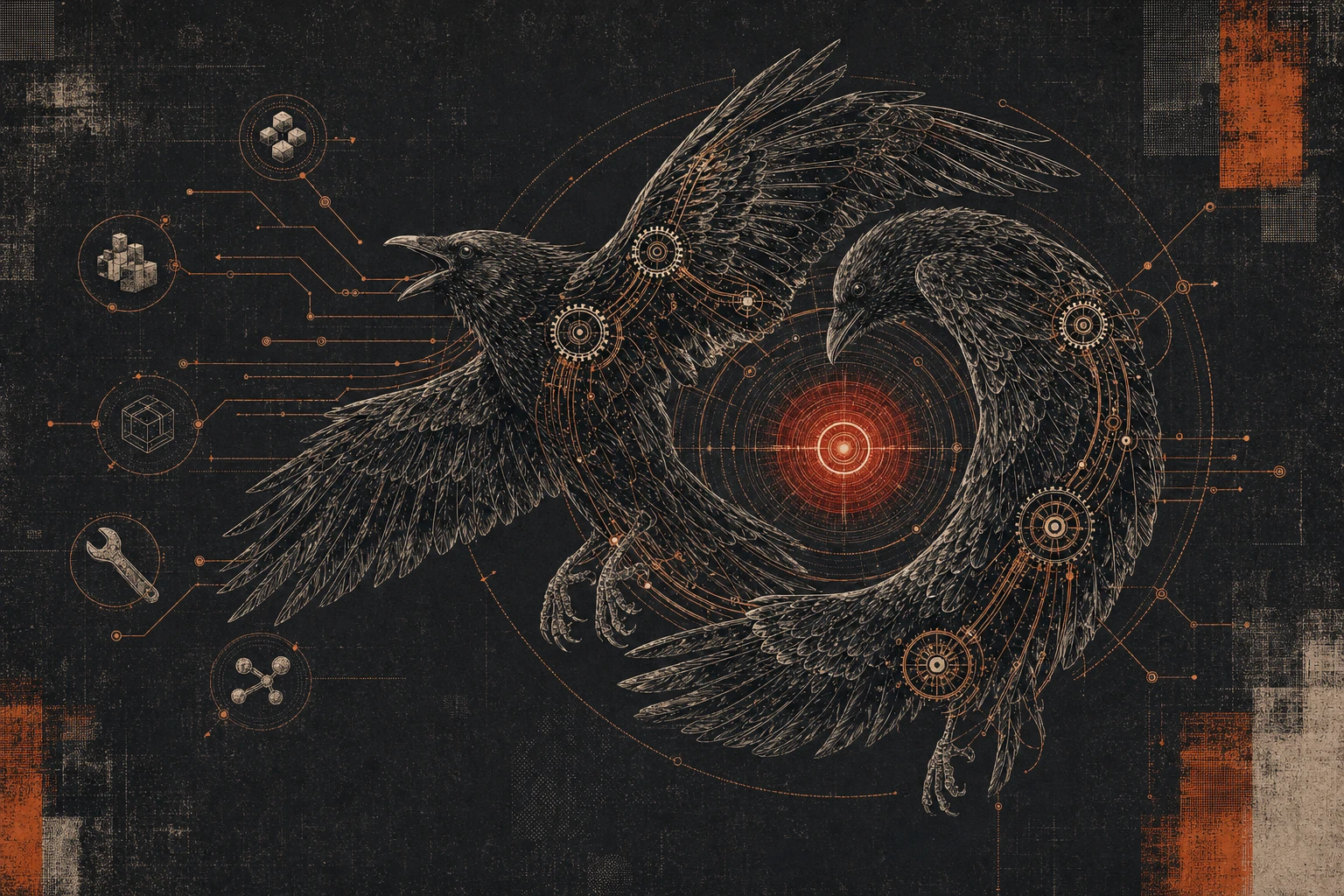 Two engraved ravens form a circular system around a red continuity core, with Hugin carrying action outward and Munin returning context.