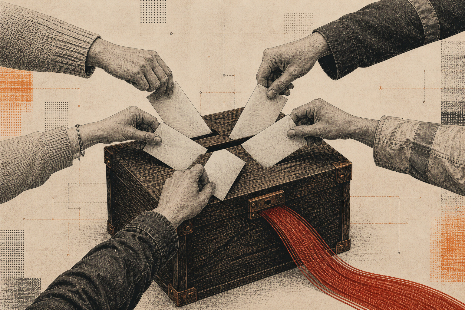 Five private workplace ballots enter one sealed box; a single collective red signal emerges.