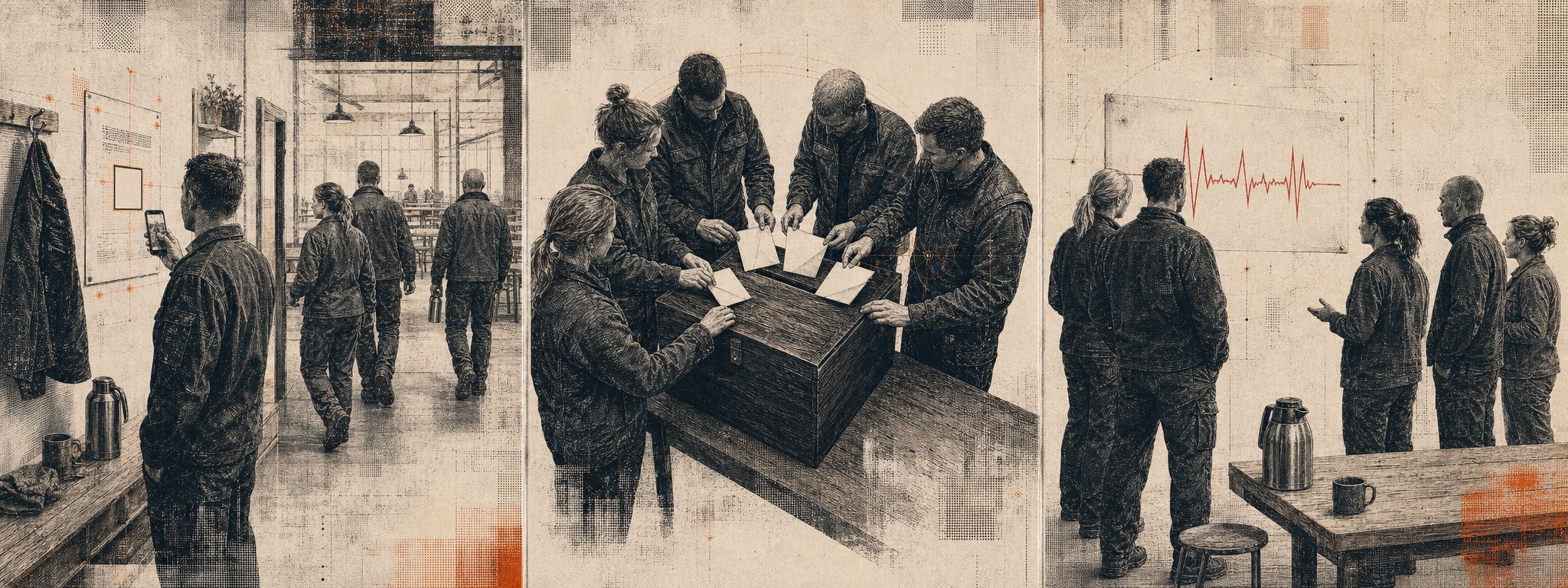A colleague accesses a round at the workplace, five colleagues contribute privately, and the group discusses one shared result.
